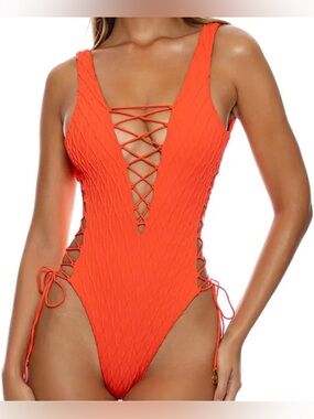 Luli Fama Diamond Girl Open Side One Piece Swimsuit - Haute Red Resort Sz S/M